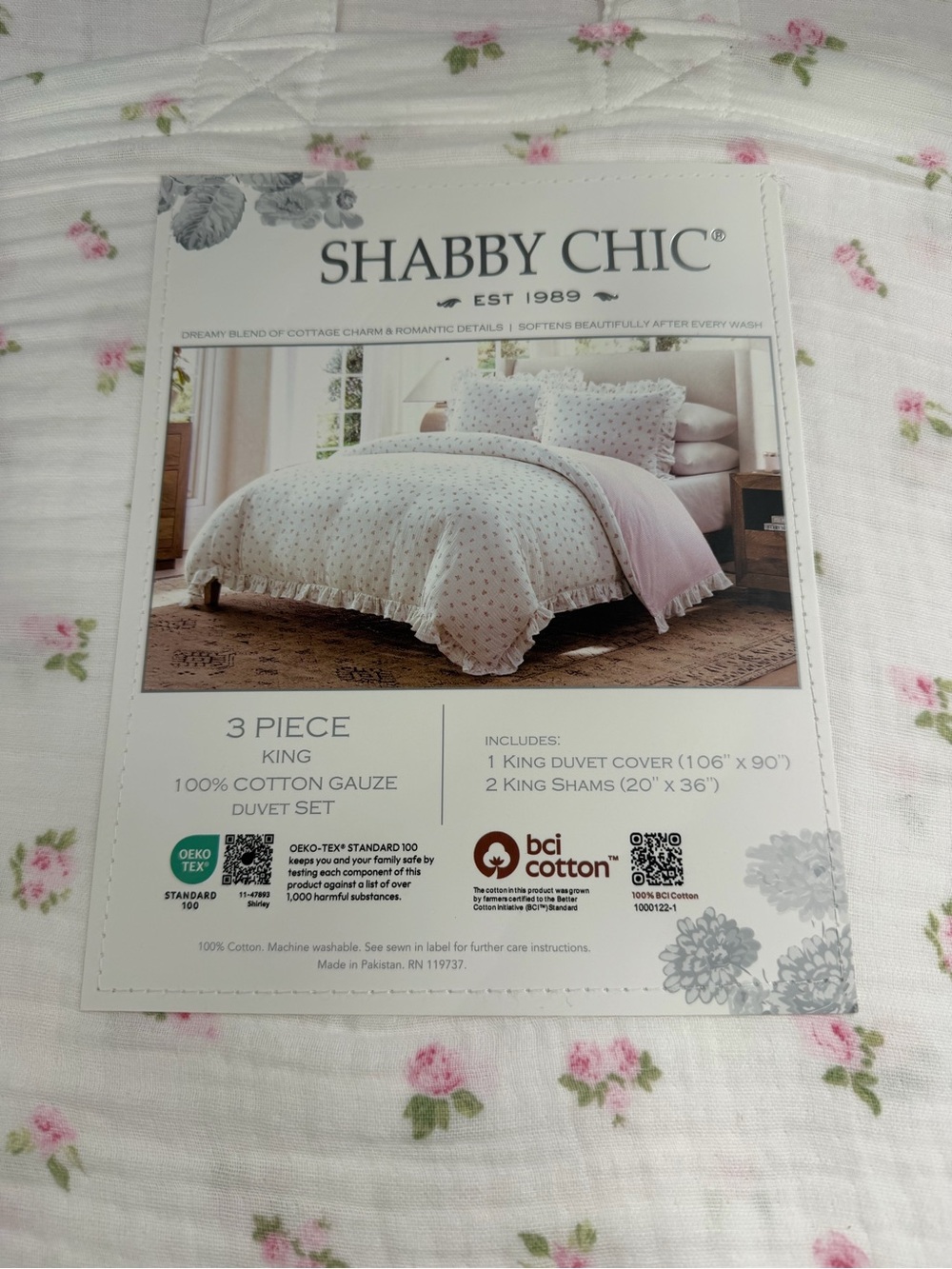Shabby Chic Pink 3 PC King Gauze Duvet Set Pink Rose with Ruffles ~ Matching Bag - Picture 14 of 16